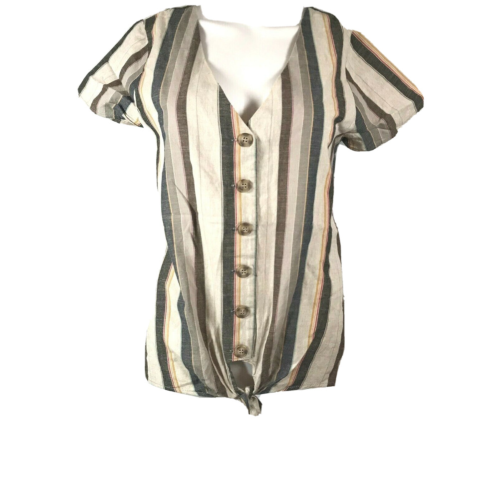 Harper Shirt Womens Sz S Neutral Stripe Tie Waist‎ Button Down Short Sleeve